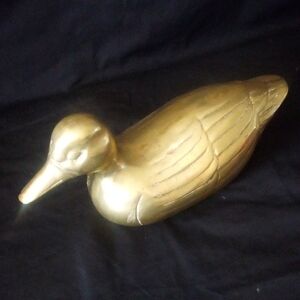 Brass Duck In Repose, Swimming 10" And Solid Brass Mid century